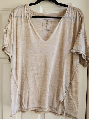 We The Free Beige Slub V-Neck Short Sleeve Top